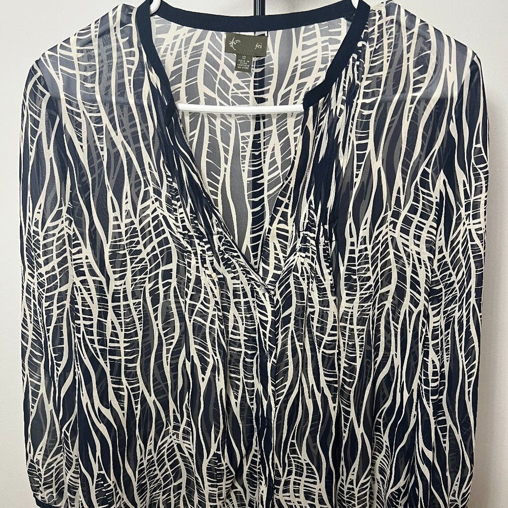 Fei 100% Silk Blue & Cream Abstract Print Blouse | Size 12 | Sheer Long Sleeve